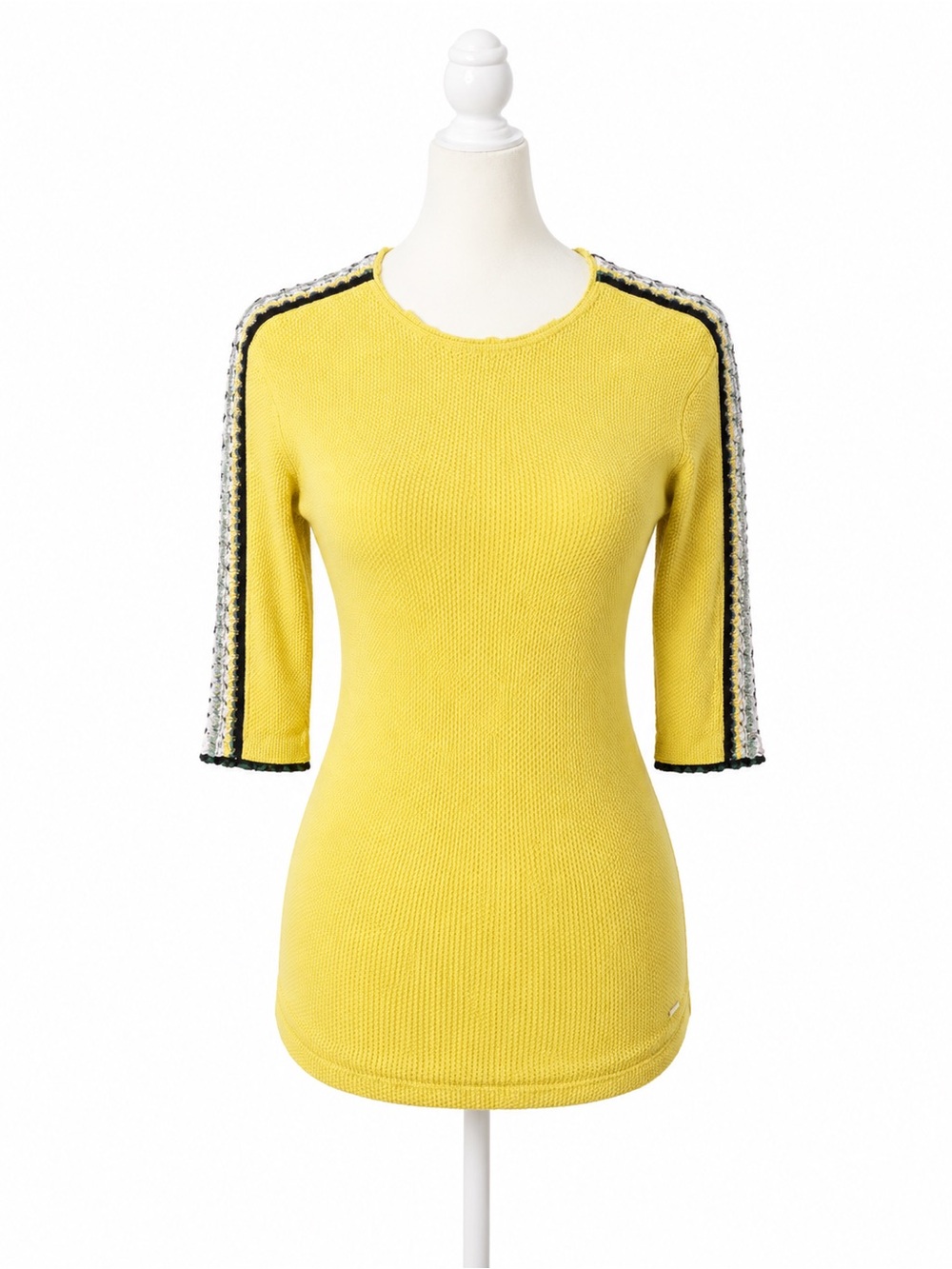 Free People Knit Thermal Top Mustard Yellow Crochet Trim 3/4 Sleeve Women’s